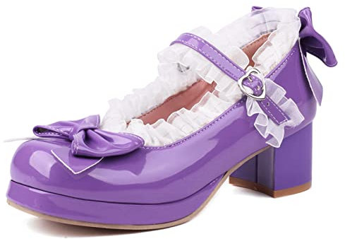 Lizoleor Donna Punta Rotonda Vernice Mary Jane Lolita Tacco A Blocco Pump con Cinturino alla Caviglia Sweet Bowknot con Cinturino alla Caviglia Sposa Festa Plateau Scarpe Viola Numero 32 EU