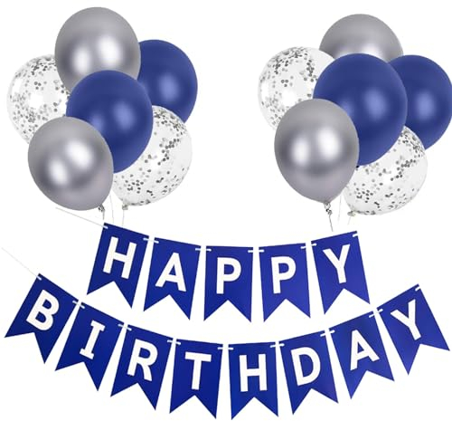 Luftballons Geburtstag Dekoration Set, Marineblau Silber Geburtstagsdeko Happy Birthday deko Banner Party Deko Geburtstag Set mit Marineblau Silber Luftballons Konfetti Ballons(NB)