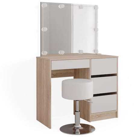 Vicco Schminktisch Sherry, Sonoma/Weiß, 90 cm mit LED Beleuchtung und Hocker