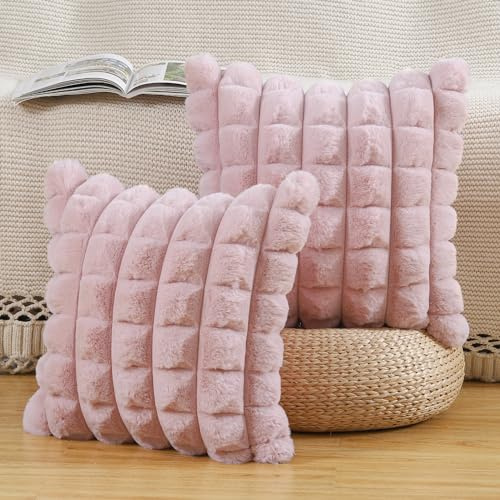 Madizz 2er Set Kunstpelz Plüsch Dekorative Kissenbezüge Gestreifte Weich Dekorative Kissenbezug für Sofa Schlafzimmer Kissen Shell Rosa 60 x 60 cm
