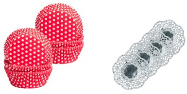 Demmler Muffin 2er Set Rot mit weißen Punkten - Cupcakes Papierförmchen 5 x 5 x 2,5cm - 120 Stück - inklusiv 4 silberne Tassendeckchen - Made in Germany
