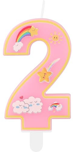 Rainbow Number Birthday Candles, Pink Number 2 Candles, Cartoon Theme Birthday Candles, Girls Boys 2nd Birthday Decorations, Rainbow Cake Candles Cake Toppers for Boys Girls Birthday Party Decorations