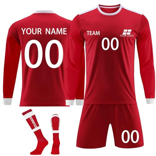 Generisch Personalisiertes Fußball Trikot für Kinder und Erwachsene, Langarm T-Shirt Set mit Namen, Nummer, Team-Logo, Schwarz, S-3XL