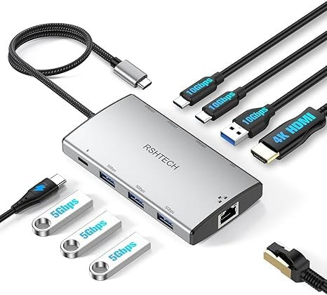 RSHTECH USB-C Hub 10Gbps, 9-in-1 USB C Multiport Adapter with 1Gbps Ethernet Adapter, 4K HDMI, 3x USB3.2 Ports, 3x USB3.0 and 100W PD, USBC Dock for Laptops with Type-C/Thunderbolt Port