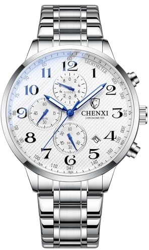 Silverora Uhren Herren Multifunktion Herrenuhren: 3ATM Wasserdicht Chronograph Stoppuhr Kalender Leuchtzeiger Analoge Quarzuhr DREI Augen Armbanduhren mit Edelstahlarmband Geschenk für Männer