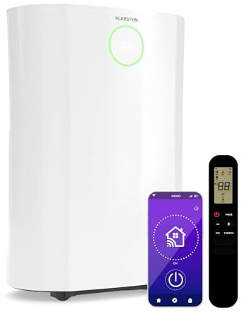 Klarstein DryFy ProConnect 16L Déshumidificateur Smart, Wi-Fi, 24h Minuterie, Silencieux, Filtre Charbon Actif, Réservoir 2.5L, Portable, Pour Maison/Bureau, Pièces Jusqu'à 24m², Blanc
