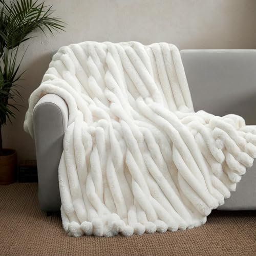 TOPCHANCES Kuscheldecke Kaninchen Plüsch Flauschige Decke Super Soft Wohndecke Dick Flanell Bubble Couchdecke Warme Überwurfdecke Sofadecke Vielseitig Blanket Für Bett Sofa,Weiß,230×250cm