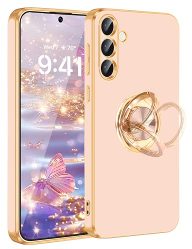 Fingic for Samsung S25 Phone Case[with 360° Ring Holder][Support Magnetic Car Mount] Cute Kickstand Slim Women Nonslip Hard PC Soft TPU Rugged Bumper Protective Case for Samsung Galaxy S25,Rose Gold