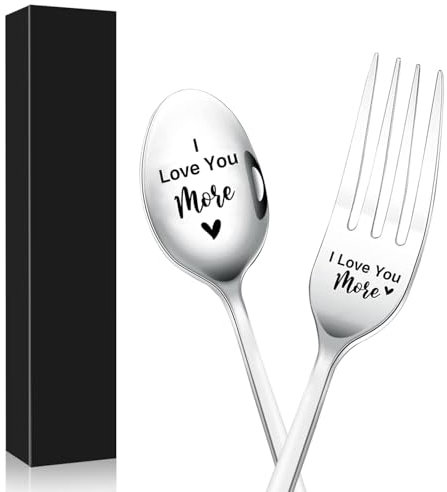 OWill 2 Pcs Engraved Fork and Spoon Set - ‘Love You More’ - Personalised Stainless Steel Cutlery with Black Gift Box - Ideal for Valentine's Day, Boyfriends or Girlfriends