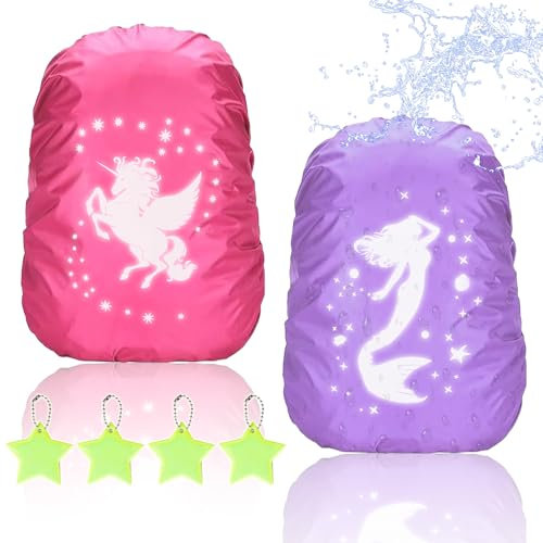 2 Stück Regenschutz Schulranzen mit Reflektoren – Einhorn & Meerjungfrau – Wasserdichter Regenschutz für Rucksack – Rucksack Regenhülle für Kinder Mädchen Grundschule