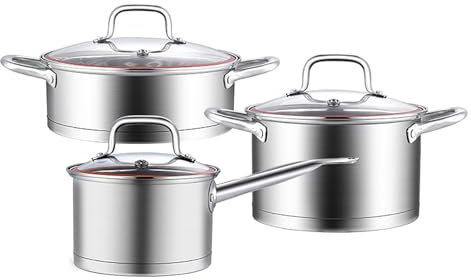 304 Topfset Edelstahl für Alle Herdarten: 6 Teilige Küchenset Töpfe Induktionsherd Edelstahlpfanne Unbeschichtet Kochtopf Spülmaschinenfest