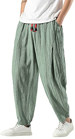 Mens Baggy Cotton Trousers Casual Summer Yoga Beach Lounge Drawstring Wide Leg Harem Pants with Pockets Breathable Loose Fit Straight Bloomers Hippy Sweatpants Big and Tall Jogging Bottoms