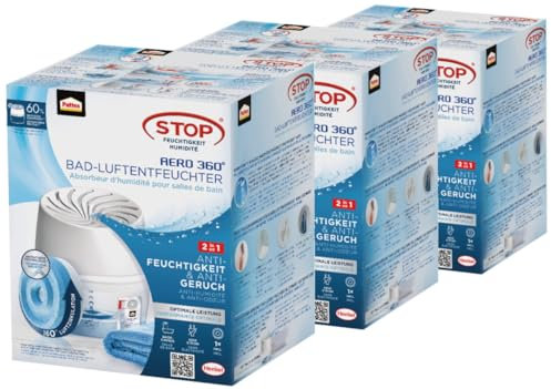 Pattex AERO 360° Luftentfeuchter für das Badezimmer, Raumentfeuchter für effektive Luftzirkulation, Raumluftentfeuchter reduziert überschüssige Feuchtigkeit, 3x 1 Gerät inkl. 1 Nachfüll Tab