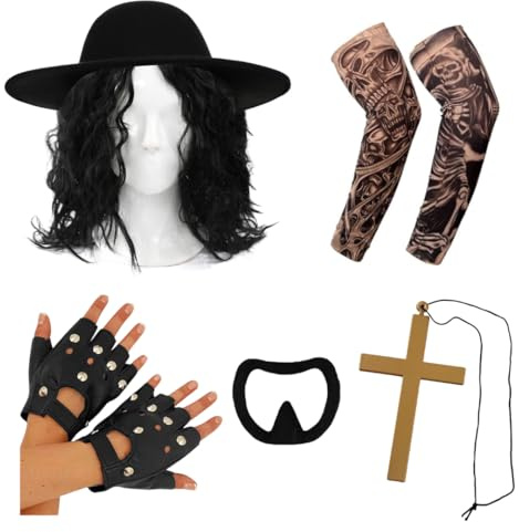 I LOVE FANCY DRESS Wrestler-Kostüm-Set für Erwachsene, 1990er-Jahre, Schwarz, gekräuselte Perücke, Hut, Tattoo-Ärmel, Handschuhe, Ziegenbart, Goldkreuz, Erwachsenen-Unisex-Wrestling-Kostüm-Zubehör-Set