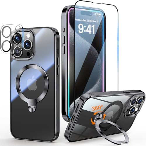 Yoouther 3 in 1 Magnetische Hülle für iPhone 15 Pro 6.1 [360° CD Unsichtbarer Drehständer für MagSafe] [Mit Stück Schutzfolie & Kameraschutz] [Nie Vergilbung] Militärschutz Stoßfest, Schwarz