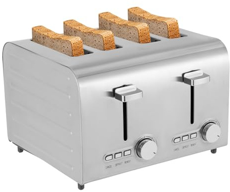 4 Teller Toaster,1500W / 50Hz 430 Edelstahl Extrabreiter Abbau Auffrieren ErwäRmen Familie BäCkerei Snackbar Silber BröTchen, Bagels und Waffles