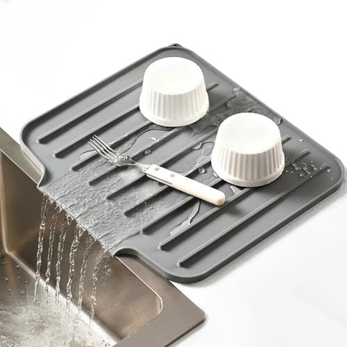 Silicone Dish Drying Mat, 35 x 30 cm Draining Mat with Slope Design, Non-Slip Heat Resistant Worktop Saver, Fast-Drying Drain Pad for Kitchen Counter Sink Table Refrigerator (Grey)