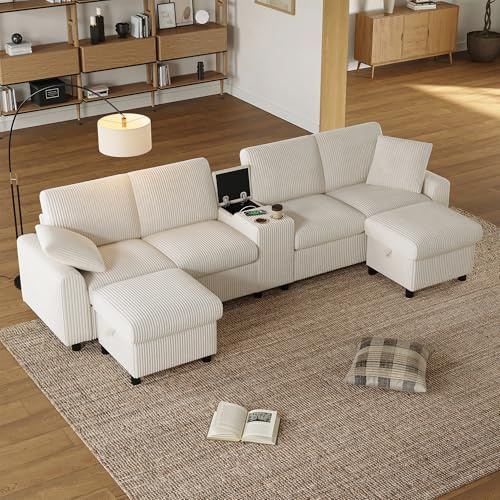 Merax Ecksofa U-förmiges Sofa Modulares 4-Sitzer Couch mit multifunktionalem Fußhocker (L/U-Form), 2 Steckdosen, USB+Type C, Staufächern und Getränkehaltern, Cordbezug, Beige