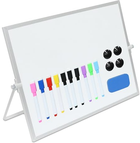 Relaxdays Whiteboard Tisch, 30x40 cm, magnetisch, 360° drehbar, mit Stiften, Magneten, Schwamm, Magnettafel, weiß/Silber