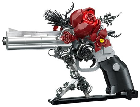 Revolver Ensemble de construction de bouquet de roses gothiques, Kit de Blocs Collection Botanique Fleurs Artificielles DIY, pistolet et fleurs de construction, Valentin Anniversaire Noël Décor Gothiq