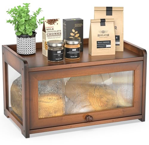 BAMBANG Bamboo Bread Box for Kitchen Counter, Bread Bin Farmhouse Bread Box, Wooden Bread Bin Bread Storage Container for Homemade Bread, Amber