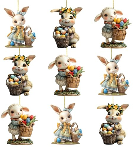 MLPKOI 9 Stück Osteranhänger Hase, Osterschmuck zum Aufhängen 2D Hase Hängedeko Türdeko Zum Aufhängen Acryl Anhänger Osterhase für Ostern Zuhause/Außenbereich und Geschenk
