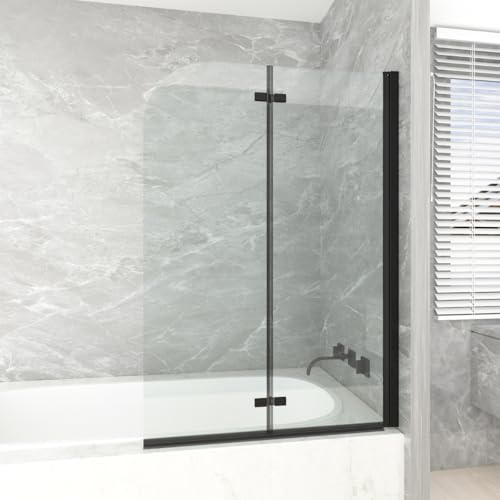 T&K Duschwand für Badewanne 100x140cm Schwarz, 2 teilig Faltbar Glas Badewannenwand 5mm Gehärtetes Sicherheitsglas Beidseitig Leicht Zu Reinigen Badewannenaufsatz Duschabtrennung für Badewanne
