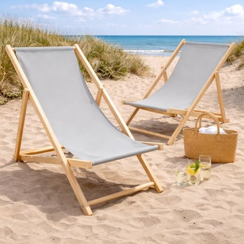 HAGO24 Strandliege Hellgrau 2er Set Sonnenliege Gartenliege Liegestuhl Klappstuhl Holz Kiefernholz Polyester 3fach verstellbar faltbar Balkon Terrasse 120kg