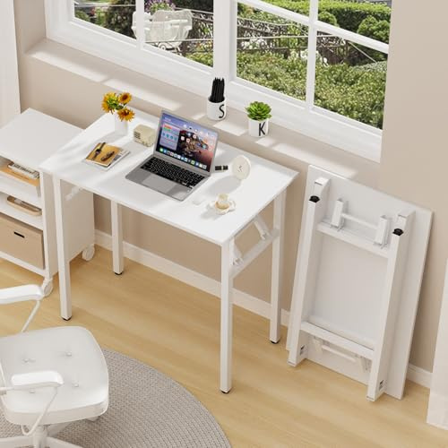 PIPIPOXER Petit Bureau Pliant 80x50x76cm, Table Pliable d'Ordinateur, Cadre en Métal, Console Meuble Bois Métal pour Étudier, Travailler, Chambre, Imperméable, Blanc