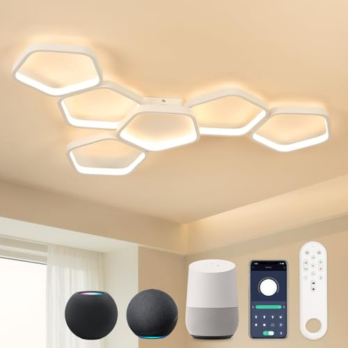 Kuwork Matter Smarte LED-Deckenleuchte, Sprachsteuerung Kompatibel mit Alexa, HomeKit&Google, 58W Dimmbar 3000K-6500K mit Fernbedienung, 90 cm Moderne Deckenlampe für Wohnzimmer Schlafzimmer Küche