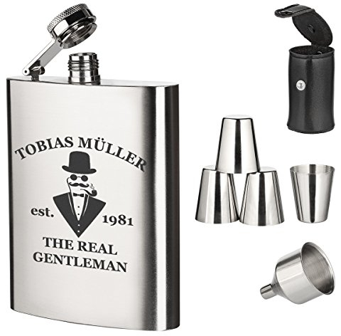 polar-effekt 7-TLG. Edelstahl Flachmann Geschenk-Set mit Gravur - Schnapsflasche 195ml mit Trichter und 4 Becher - Geschenk-Idee für Männer zum Geburtstag - Motiv a Gentleman