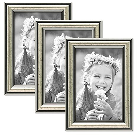 PHOTOLINI 3er Set Bilderrahmen Silber Barock Antik 10x15 cm Fotorahmen mit Glasscheibe/Kunststoffrahmen