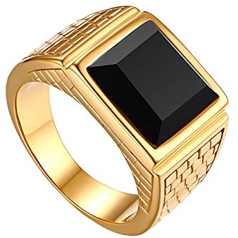 JewelryWe Schmuck Herren-Ring Edelstahl Glas Quadrat Siegelring Bandring Hochzeit Engagement Verlobung Ringe mit Gravur Gold Schwarz, Größe 59