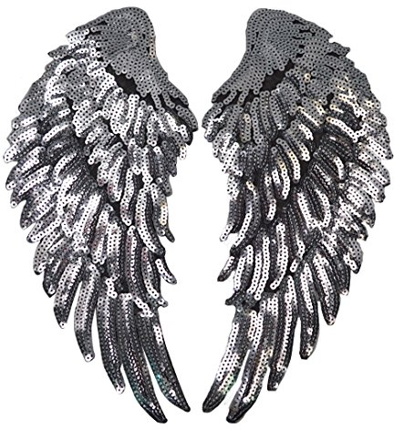 LAHAUTE Pailletten Aufnäher Applikation Stickerei Bügelbild Aufbügler Patches zum Aufbügeln für Kleidung Tasche T-Shirt Jeans (Engel Flügel Silber)