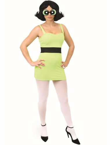 DISFRAZ OFICIAL DE POWERPUFF GIRLS BUTTERCUP CON LICENCIA. TRAJE ICÓNICO DE PERSONAJE DE DIBUJOS ANIMADOS DE LOS 90 VESTIDO VERDE, MEDIAS BLANCAS, GAFAS VERDES Y PELUCA. TALLA: X-PEQUEÑO