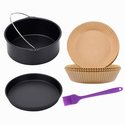 Air Fryer Accessories, Includes 7 inch Cake Barrel, Pizza Pan and 50Pcs Non-stick Disposable Air Fryer Liners Baking Paper, Silicone Basting Pastry Brush as Bonus