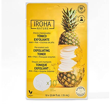 IROHA NATURE - toner pads Peeling- und aufhellende cotton pads face mit AHA, PHA und Ananasenzymen | Für alle Hauttypen, Mischhaut und fettige Haut|10 Einheiten