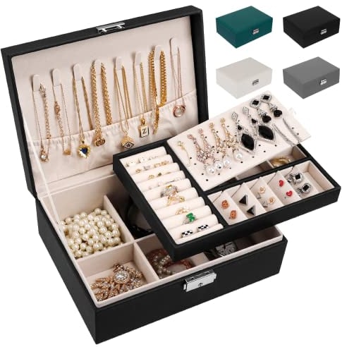 LUZOON Boîte à Bijoux pour Femme en Cuir Deux Etages Coffret de Rangement Bijoux pour Ranger Bagues/Boucles d'oreilles/Colliers-Noir