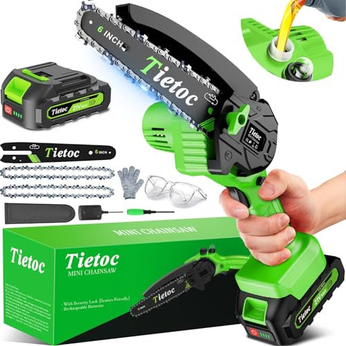 TIETOC Mini Chainsaw Cordless 6 Inch [Gardener Friendly] Super Handheld Rechargeable Chain Saw with Security Lock & Auto Oiler-System, Small Electric Chainsaws Battery Powered for Wood/Trees Cutting