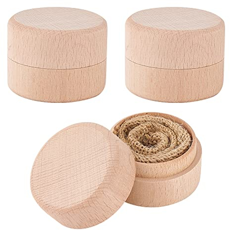 FINGERINSPIRE 3 Stück Mini Runde Holzkiste 48x35 mm Kleine Holzringbox Mit Leinen BurlyWood Ring Ohrring Schmuckschatulle DIY Holz Aufbewahrungsbehälter Fall Für Die Aufbewahrung von Heiratsanträgen