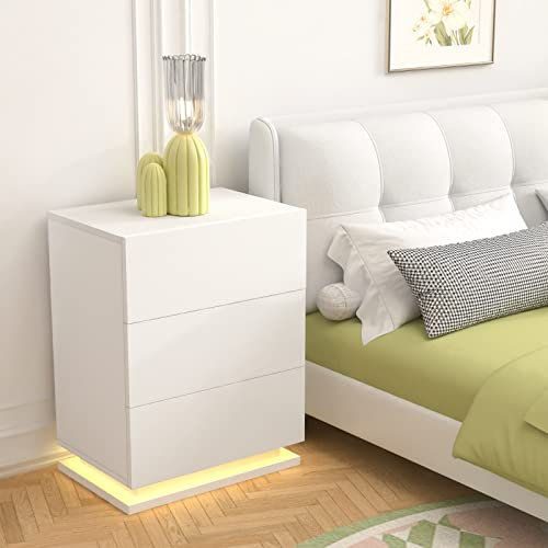 Lvhecforhm Nachttisch mit LED, Nachttisch mit 16 Farben Beleuchtung, Nachttische Hochglanz Front, Nachttisch Weiß mit 3 Schubladen, Moderner Nachttisch 50x35x68cm für Wohnzimmer Schlafzimmermöbel