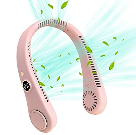 Uaste Portable Neck Fan, LED Digital Display USB Charging, 360° Wearable Fan - 5 Wind Speeds, No Hair Twisting, No Leaf Design - Perfect Outdoor Neck Sloan Necklace Fan (Premium, Pink) (MAC-707)