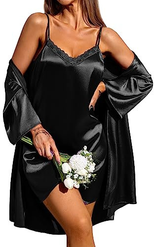 Ekouaer femmes robe de chambre et chemise de nuit ensemble sexy 2 pièces robes vêtements de nuit Noir XL