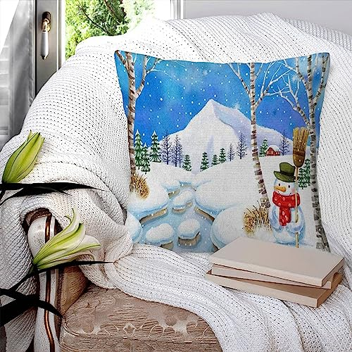 Kissenbezüge 45x45cm,Schneemann mit Besen neben Snowy Creek,Dekorationskissenbezüge quadratisch weich Kissenbezüge für Couch Sofa Bett