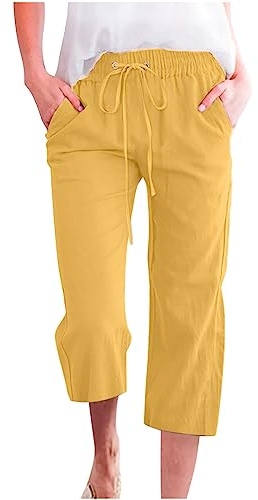 oglccg Womens Capris Trousers 3/4 Pants Cotton Linen Elastic High Waist Cropped Drawstring Summer Autumn Solid Color Pockets Loose Straight Wide Leg Outdoor Plus Size 8-53 Yellow, 3XL