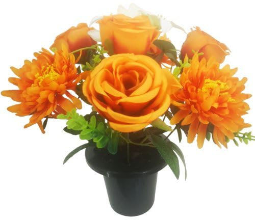 Rose Artificial Flowers in Grave Flower Pots – UV Resistant, Realistic, Long-Lasting Design for Cemetery Decorations, Grave Displays, Home & Garden Memorial Arrangements (Orange & Ivory)