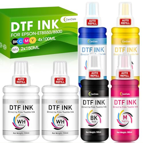 CenDale Verbesserte Auto-Fill DTF Tinte – 700 ml DTF Transfertinte für Epson ET-8550 ET-8500 Drucker, Wärmeübertragungsdrucktinte Set 100 ml x 4 CMYK, 150 x 2 Weiß (Anti-UV/ICC-frei)