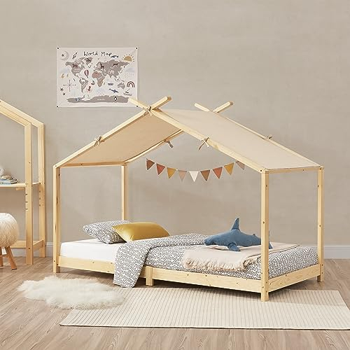 [en.casa] Kinderbett Brome Hausbett 90 x 200 cm Jugendbett Bettenhaus Spielbett mit Lattenrost und Abnehmbarem Stoffdach Montessori Bett aus massiver Kiefer Bettgestell Holz Naturfarben