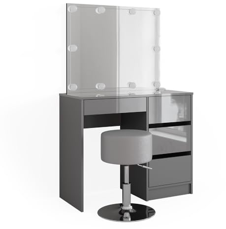 Vicco Schminktisch Sherry, Grau Hochglanz, 90 cm mit LED Beleuchtung und Hocker