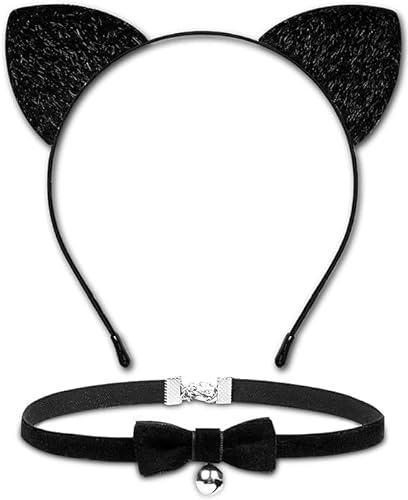 2 Stück Katzenohren Haarreif Set, Katzenohren Stirnband mit Glockenhalsband Schwarze, Kindergeburtstag Haarreif für Mädchen, Cat Ears Accessoires für Karneval, Halloween, Geburtstag, Cosplay, Party
